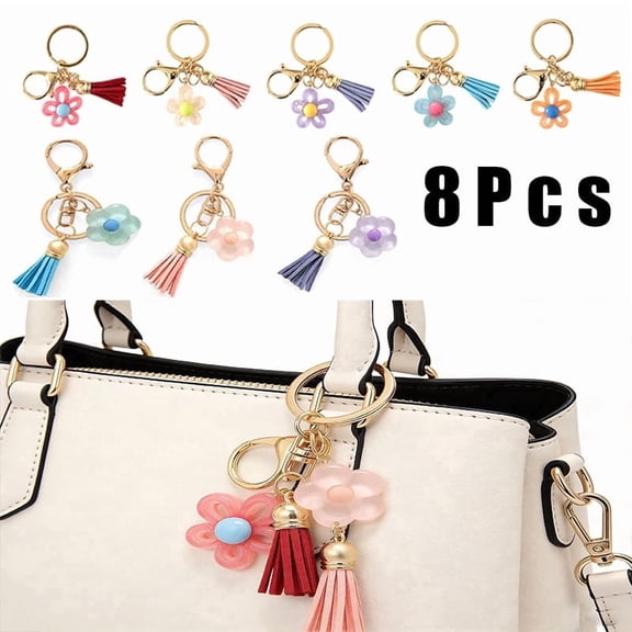8PCS Cute Flower Tassel Keychains Set, Hollow Daisy Sunflower Key Rings, Fashion Bag Charms for Women Girls, Purse Backpack Decor Accessories, Holiday Gift