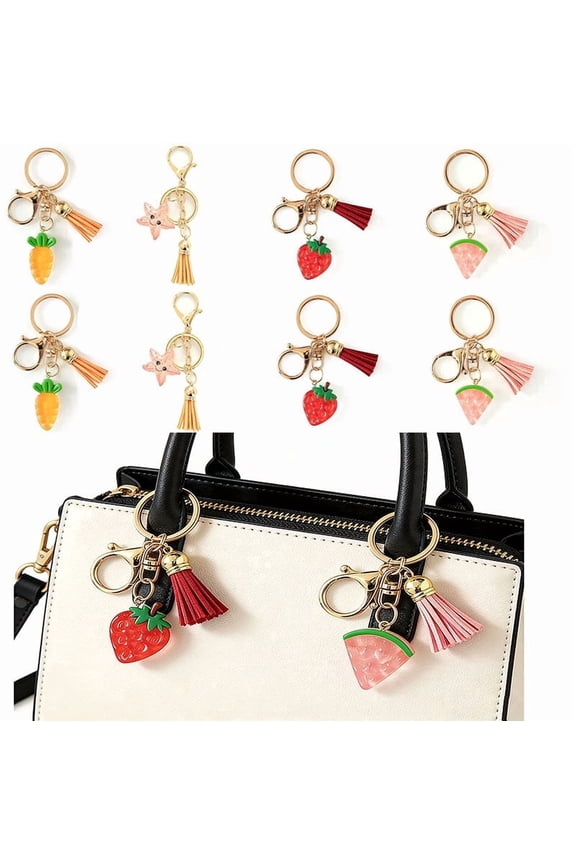 8PCS Cute Fruit Tassel Keychains Set, Strawberry Watermelon Carrot Starfish Key Rings, Fashion Bag Charms for Women Girls, Purse Backpack Decor Gift Accessories