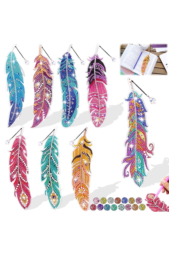 8PCS Diamond Art Bookmarks Kit, 5D Diamond Painting Art Craft Kits for Adults and Kids Ages 8-13, Feather DIY Bookmark Christmas Birthday Gift Toys for Girls 8-11 years