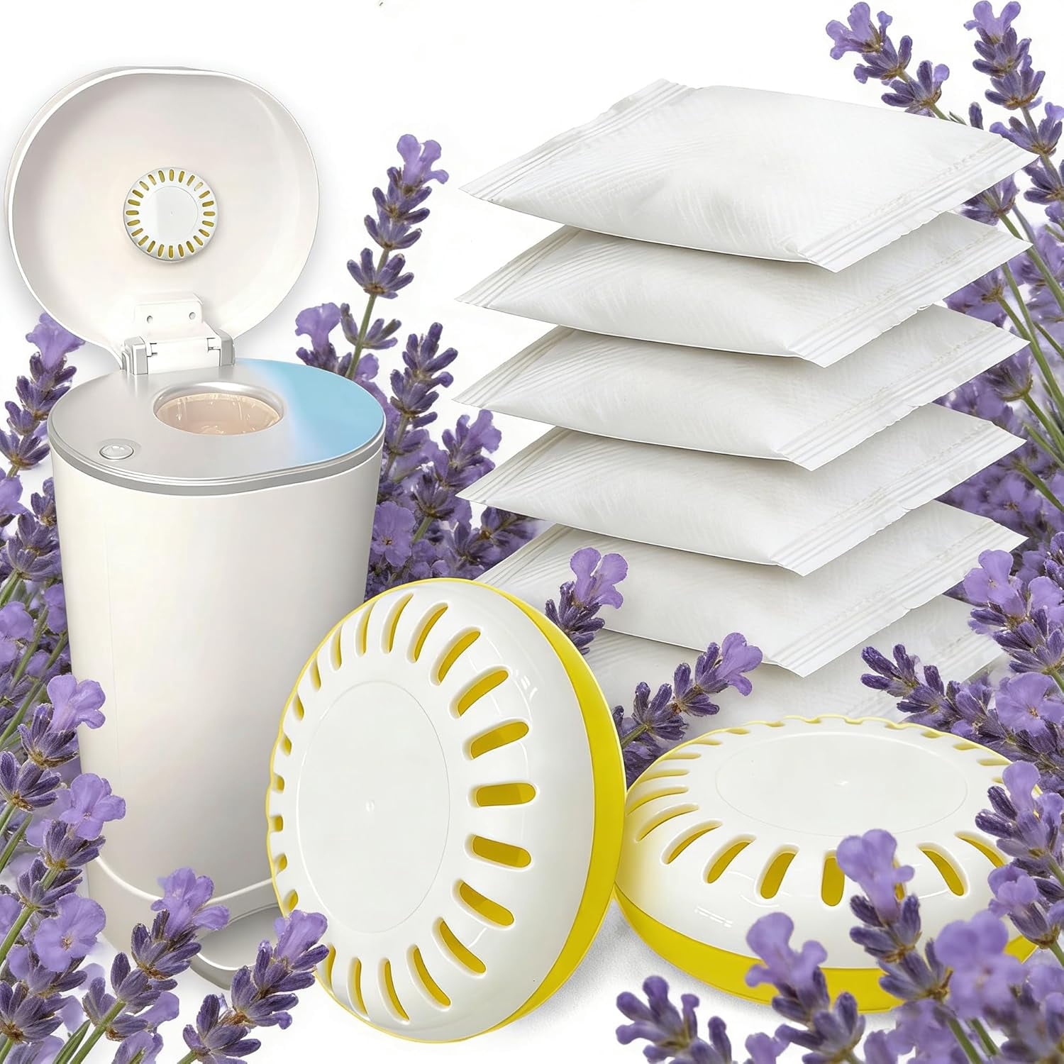 8PCS Diaper Pail Deodorizers, 2* Puck Baking Soda Cartridge & 6* Lavender Scented Baking Soda Refills, Odor Remover Compatible with Munchkin Step and Pail Diaper Pails