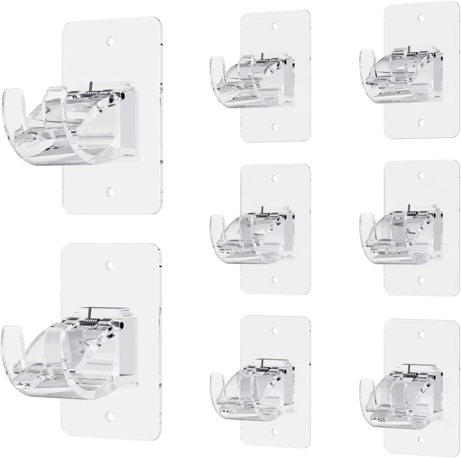 8PCS No Drill Curtain Rod Brackets, Self-Adhesive Curtain Rods No Drilling, Nail Free Adjustable Curtain Rod Holders, Curtain Hooks for Rod Less Than 1.57 Inch Diameter (Transparent)