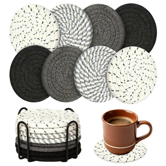 8PCS Drink Coasters with Holder, Cotton Woven Absorbent Coaster Set for Various Cups, Home Decor Tabletop Protection, 4.3 Inches