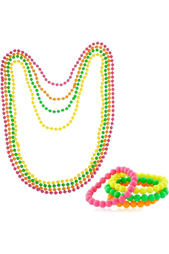 8PCS Fancy Dress 80's Retro Beaded Jewelry Set, Colorful for Women - Neon Necklace, Bracelets, Bulk, 80s Fancy Dress Accessories
