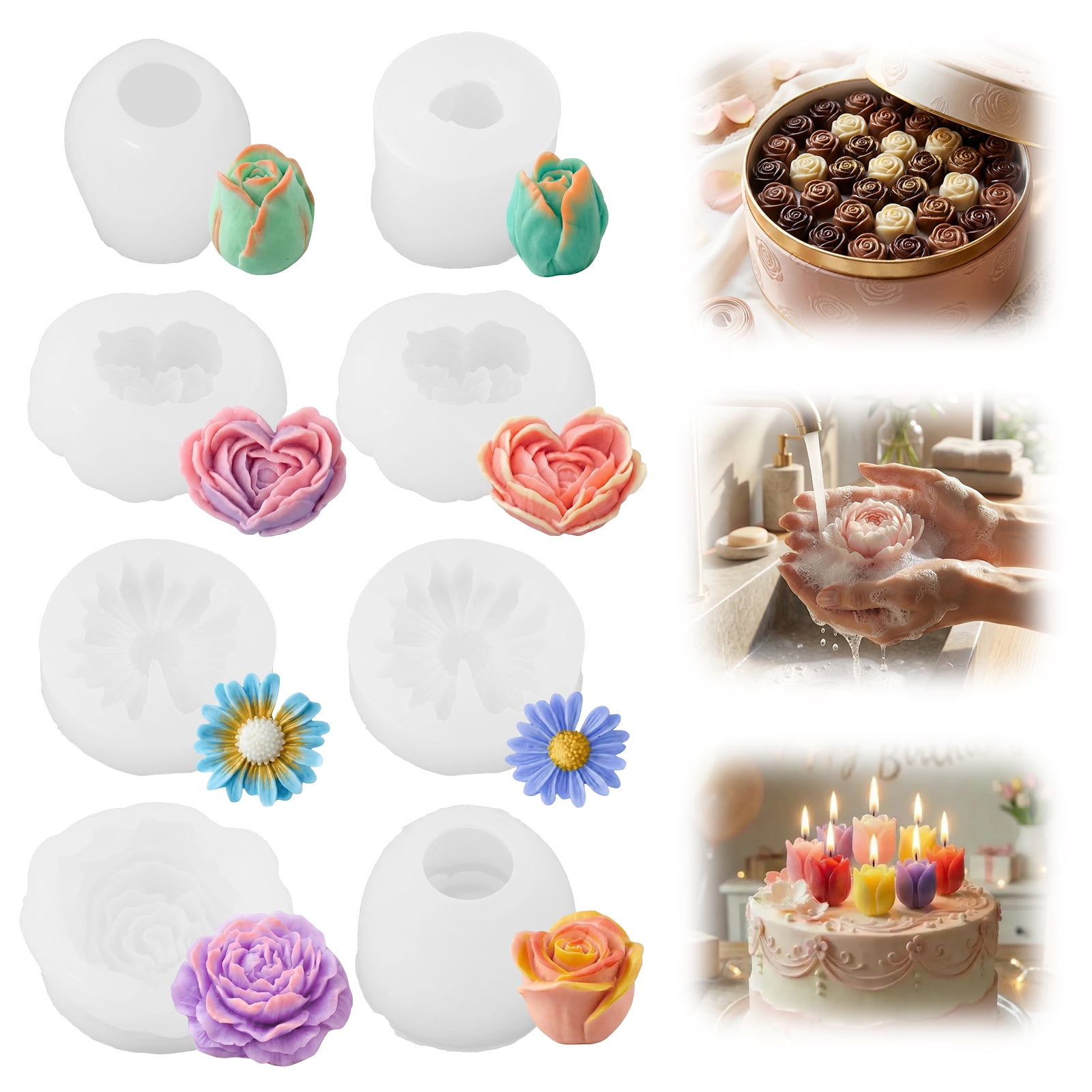 8PCS Flower Candle Molds for Valentine‘s Day Rose Tulip Silicone Candle 3D Mold Flower Shapes Moldes De Rosas Silicona para Velas for Soy Wax, Beeswax, Candle Making, Resin Craft