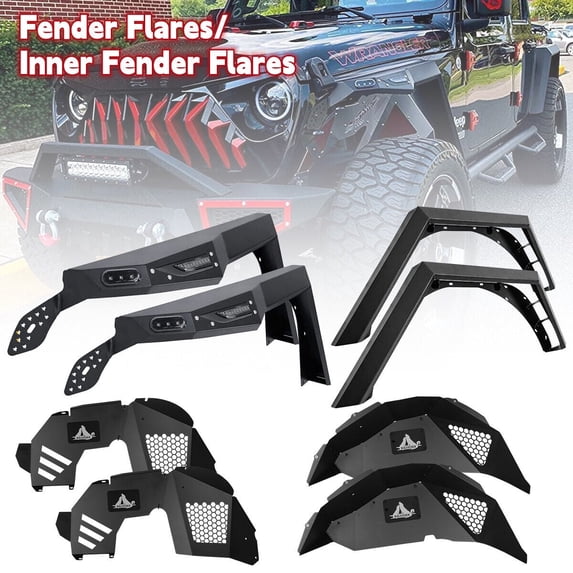 8PCS Front & Rear Fender Flares+Inner Fender Liners Set for 2018-2026 Jeep Wrangler JL & JL Unlimited 2-Door & 4-Door Steel