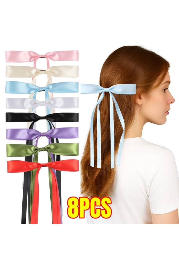 8PCS Hair Bow Clip for Girls & Women, Satin Ribbon Bows with Long Tails, Aesthetic Ballet Cute Harajuku Hair Accessories