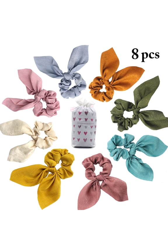8PCS Hair Elastic Scrunchies Bunny Ear Hair Ties Satin Silk Bowknot Ponytail Holder with Gift Bag for Women Girls