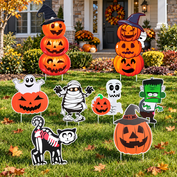 8PCS Halloween Outdoor Yard Signs with Stakes - Large Pumpkin Ghost Monster Mummy Cat Garden for Lawn Home Decor