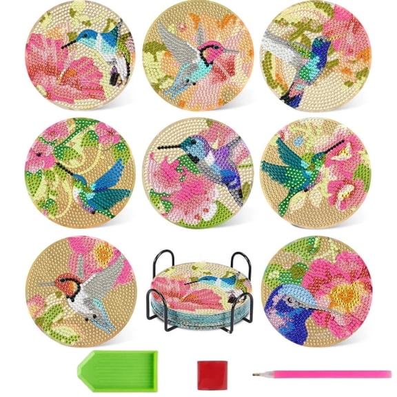 8PCS Hummingbird Diamond Painting Coasters Set with Holder, DIY Diamond Art Coaster Kit for Adults, Wooden 4x4 Inch Sparkling Craft Kit for Home Decor & Gift