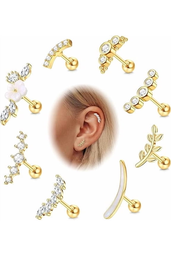 8PCS Hypoallergenic 316L Surgical Steel Cartilage Earrings for Women Helix Tragus Conch Piercing Jewelry - 16G 14K Gold Plated Minimalist Cubic Zirconia Screw Back Comfortable - Gold/Silver Gold