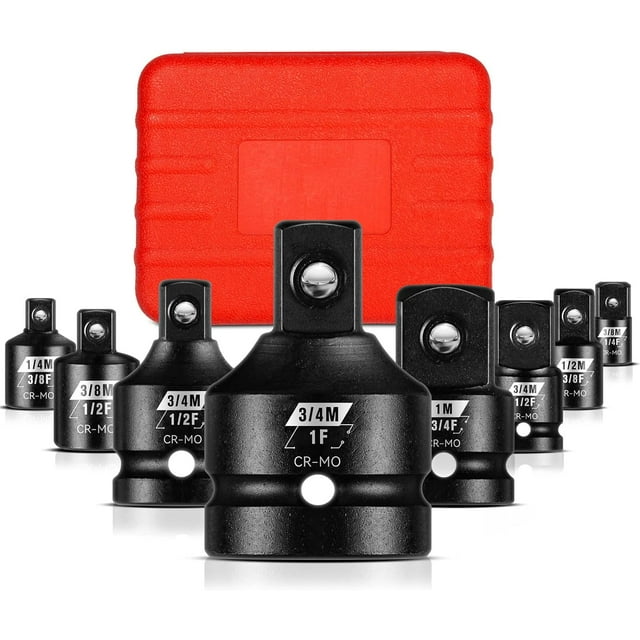 8PCS Impact Socket Adapter and Reducer Set, 1, 3/4, 1/2, 3/8, 1/4" Square Drive, 3/4" to 1/2
