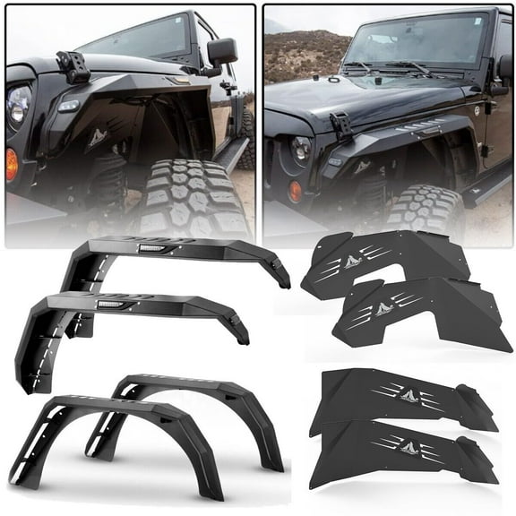 8PCS JEEP Front Rear Fender Flares+Inner Fender Liners For 2007-2018 Jeep Wrangler JK 2DR & 4DR Black Powder Coated Steel