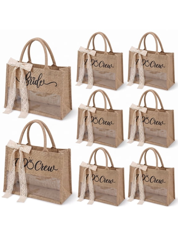 8PCS Jute Burlap Totes Jute Tote Bags Burlap Beach Bags with Lace for Bridal Party Wedding Gifts and Everyday Use Beige