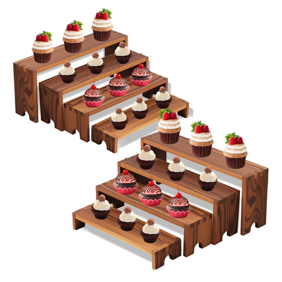 8PCS Large Display Wood Risers Wooden Stand 4 Tier Wood Racks Decorative Rectangular Cupcake Stands Cologne Perfume Organizer Showcase Items(Brown)
