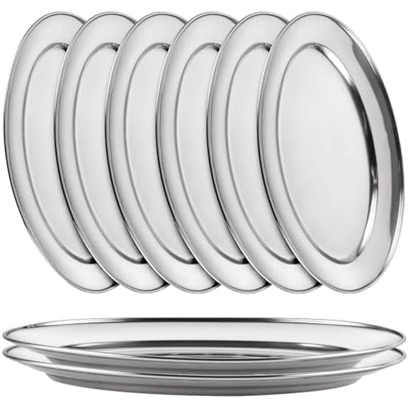 8PCS Large Stainless Steel Sizzle Platter Food Serving Trays for Party Buffet Oval Serving Platter Set Decorative Silver Plates Metal Tray Long Sizzler Plates for Sushi Appetizer Table Dish