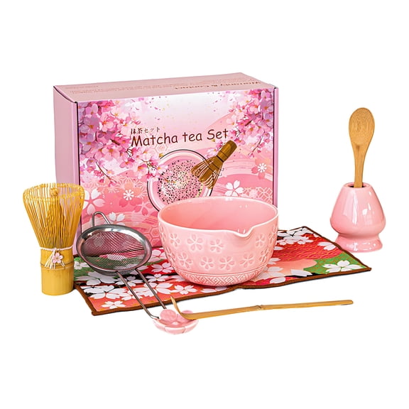 8PCS Matcha Tea Set, Matcha Ceremony Starter Kit with Ceramic Bowl, Bamboo Whisk, Scoop, Sifter, Whisk Holder & Towel, Traditional Matcha Making Kit for Beginners and Tea Lovers Gift, Style A, Pink