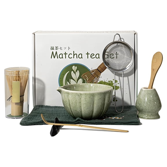 8PCS Matcha Tea Set, Matcha Ceremony Starter Kit with Ceramic Bowl, Bamboo Whisk, Scoop, Sifter, Whisk Holder & Towel, Traditional Matcha Making Kit for Beginners and Tea Lovers Gift, Style B, Matcha