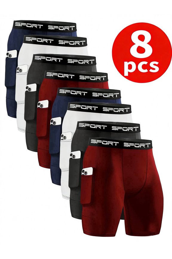 8PCS Men's Comfortable Slim Fit Boxer Briefs-Soft Stretch Polyester Underwear With Side Pocket,Assorted Solid Colors, Casual Undergarments, Trendy Waistband, Everyday Comfort