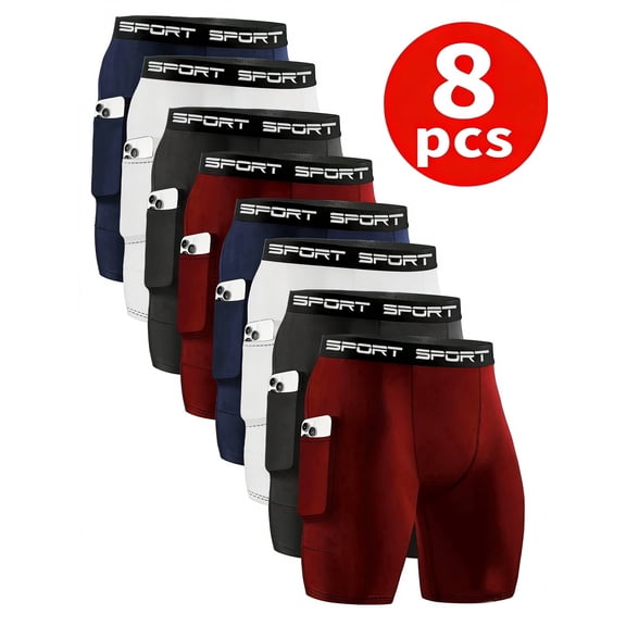 8PCS Men's Comfortable Slim Fit Boxer Briefs-Soft Stretch Polyester Underwear With Side Pocket,Assorted Solid Colors, Casual Undergarments, Trendy Waistband, Everyday Comfort