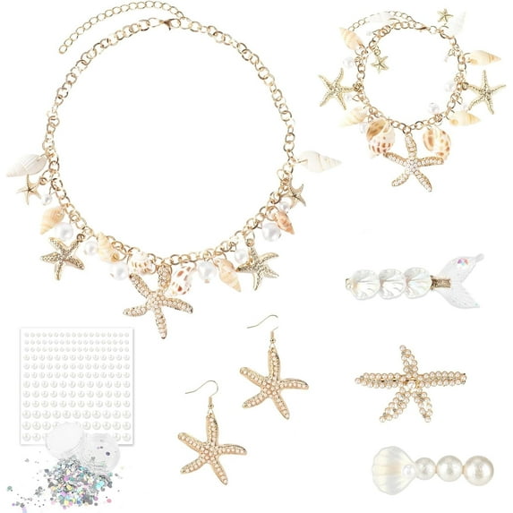 8PCS Mermaid Jewelry Set for Women, Boho Shell Necklace Bracelet Starfish Earrings Hair Clip Body Sequins Glitter Siren Costume Accessories for Summer Beach Ocean Party Carnival Cosplay