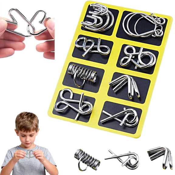 8PCS Metal Montessori Puzzle Solving, Metal Brain Teaser Puzzles, Steel IQ Games Physics Mind Metal Puzzles for Adults, for Party Favor Challenge, with Pouch(Yellow)