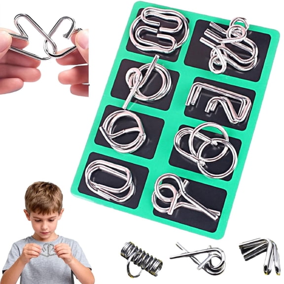 8PCS Metal Montessori Puzzles, 3D Metal Puzzle Solving Set, Metal Brain Teaser Puzzles, Challenging Interlocking Iron Wire Puzzle, Logic Thinking Toys for Home Party(Green)