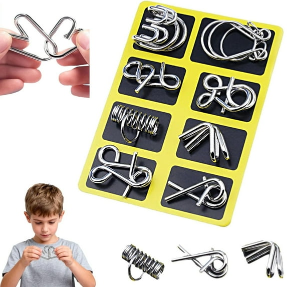 8PCS Metal Montessori Puzzles, 3D Metal Puzzle Solving Set, Metal Brain Teaser Puzzles, Challenging Interlocking Iron Wire Puzzle, Logic Thinking Toys for Home Party(Yellow)