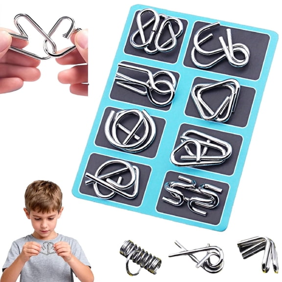 8PCS Metal Montessori Puzzles, Montessori Puzzles Metal Wire Puzzle Set, Logic Toys with Carry Pouch for Teens Adults Challenge Home Party Challenge Office School(Blue)