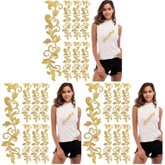 8PCS Metallic Leaves Embroidered Iron on Patch Trim Fringe Leaves Glitter Retro Boho Embroidered Appliques Iron-on Patches for Dress Pillow Sewing Accessories Embellishment (Gold)