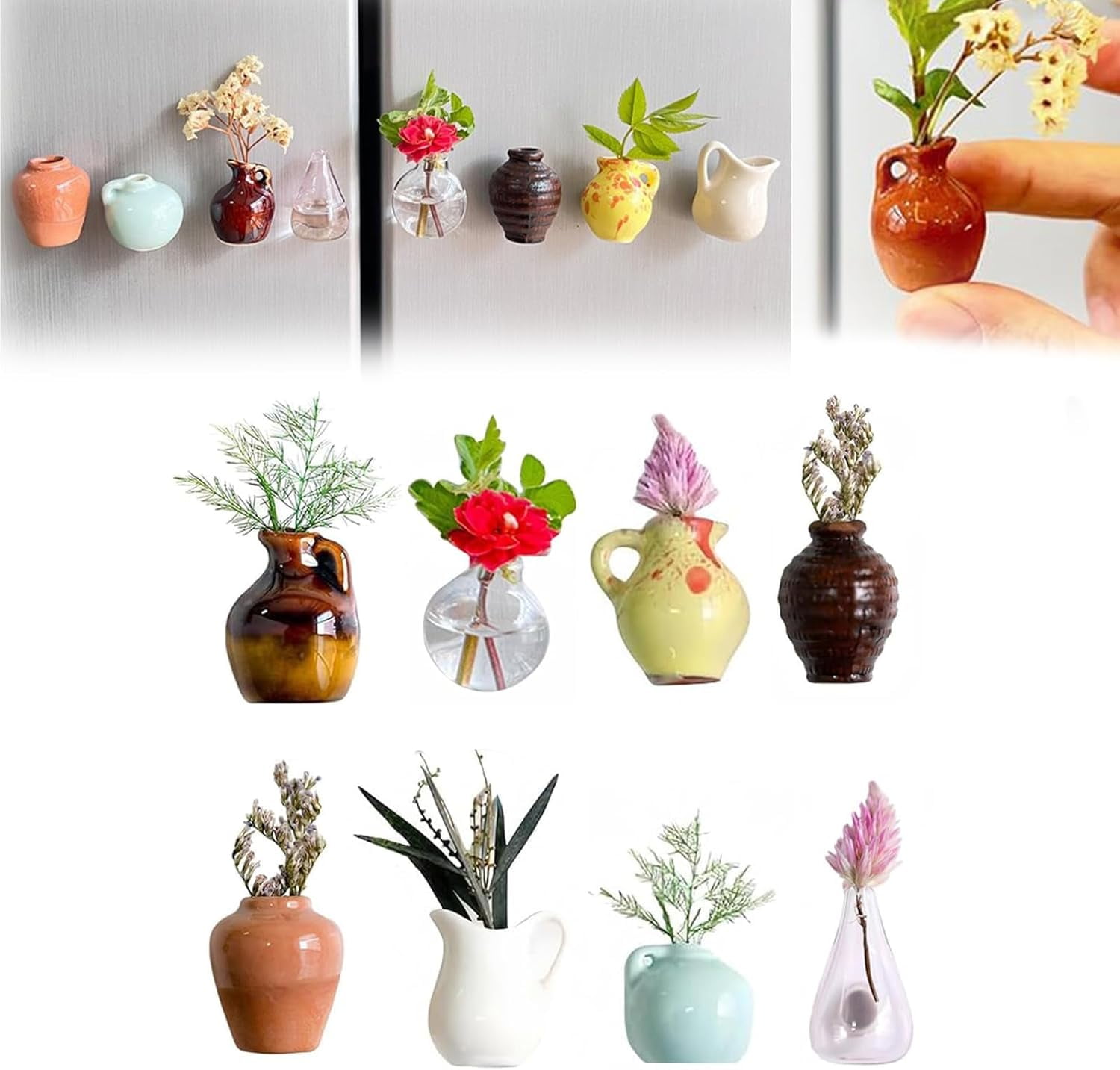 Shiawase Mini Vase Magnete 8-tlg - 3D Keramik Kühlschrank Deko Mit Blumen