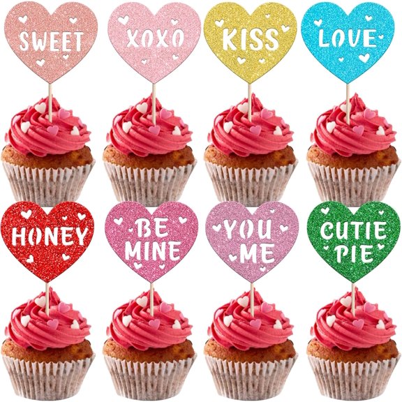 8PCS Mixed Color Glitter Valentine's Day Heart Cupcake Toppers with Love Quotes, Party Picks