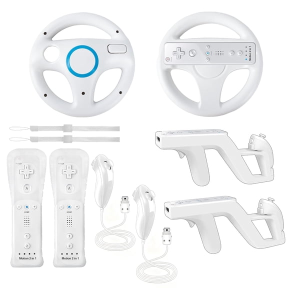 8PCS Motion Plus Wii Remote Controllers with Nunchucks, Mario Kart Steering Wheels and Zapper Light Gun