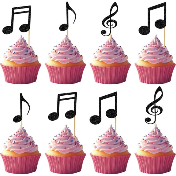 8PCS Music Note Cupcake Toppers, Glitter Black Music Note Treble Clef Cupcake Picks, Musician Birthday Party Decorations
