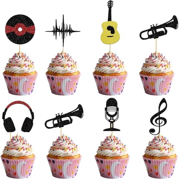 8PCS Music Party Cupcake Toppers, Glitter Black & Gold Music Note Headphones Trumpet Cupcake Picks, Musician Birthday Party Supplies