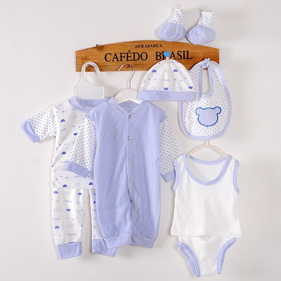 8PCS Newborn Outfit Set Baby Boy Girl Tops+Hat+Pants +Bib+Sock Shose+Romper Outfits Set Light blue 0-3 Months