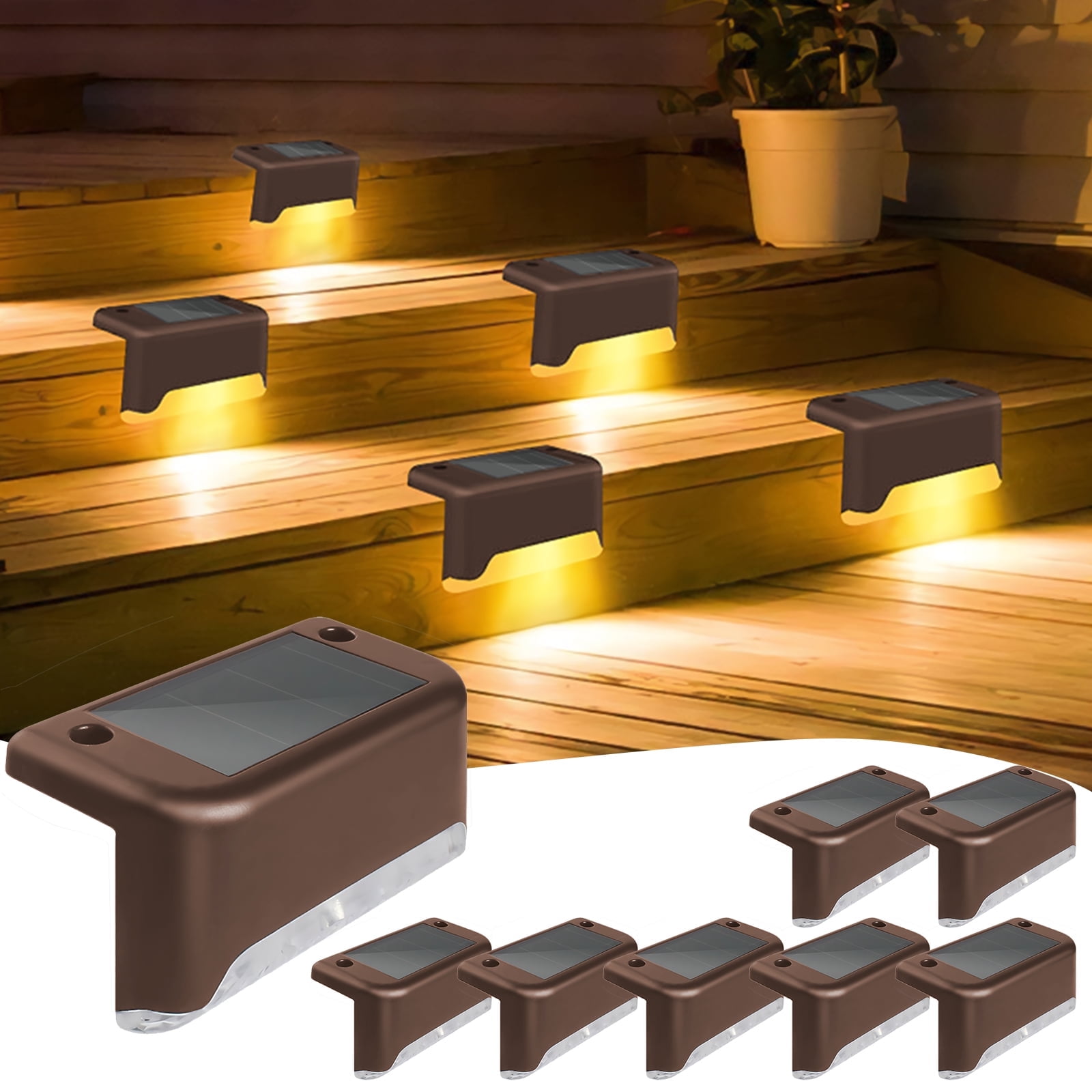 8PCS Outdoor Solar Deck Lights, Waterproof Solar Step Lights, LED Solar Lights for Outdoor Stairs Fence Yard Patio Railing Garden Pathway Christmas Decoration Lights(Brown-Warm White)