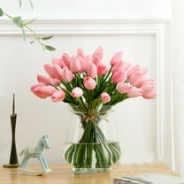 8PCS PU Fake Flowers Artificial Tulip Flower Pink in Clear Vase, Real Touch Tulip Arrangement Suitable for Home Office Decoration, Dining Table Centerpiece