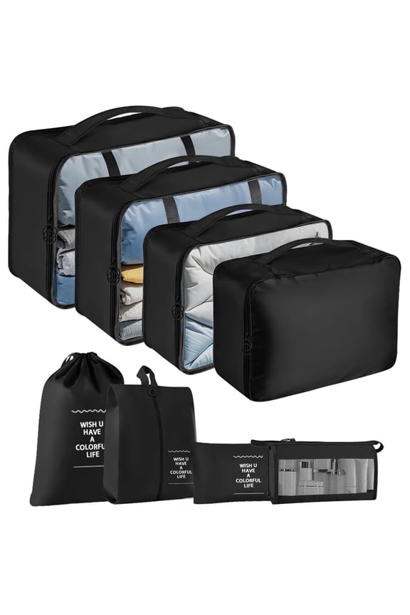 8PCS Packing Cubes for Travel, Luggage Organizer Bags for Family, Compression Pouches Clothes Suitcase, Storage Bags for Travel Accessories, Black