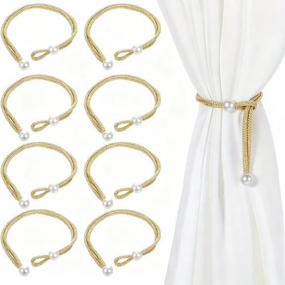 8PCS Pearl Curtain Tiebacks – Adjustable No Drilling Rope Holders – Decorative Drapery Straps for Living Room Bedroom (Gold)