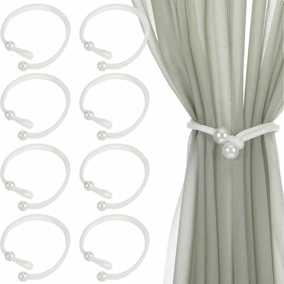 8PCS Pearl Curtain Tiebacks – Adjustable No Drilling Rope Holders – Decorative Drapery Straps for Living Room Bedroom (White)