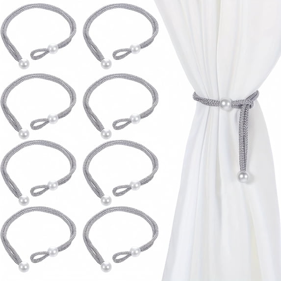 8PCS Pearls Buckle Curtain Tiebacks – No Drilling Weave Rope Curtain Holders – Decorative Draperies Tie Backs Holdbacks Straps (Gray)