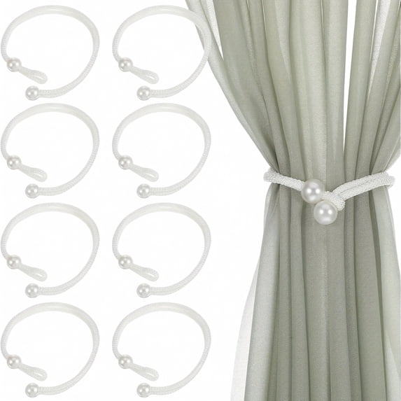 8PCS Pearls Buckle Curtain Tiebacks – No Drilling Weave Rope Curtain Holders – Decorative Draperies Tie Backs Holdbacks Straps (White)