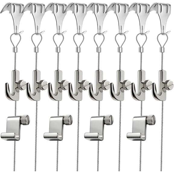 8PCS Picture Rail Hanging System Kit(6.56FT) Adjustable Picture Hanging Wire Set with Sturdy Cord and Rail Hooks with knob for Gallery Art Exhibition Display