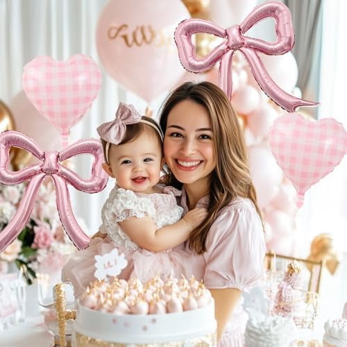 8PCS Pink Bow & Heart Foil Balloons Set, Coquette Party Decorations, Bow Birthday Balloons, Pink Bow Baby Shower, Girls Birthday Party Supplies, Bachelorette & Wedding Decor