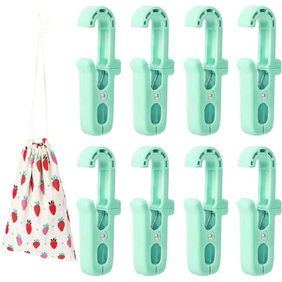 8PCS Plastic Clips for Hanging,Heavy Duty Hanger Clips with Bag,Large Swivel Clothes Pins with Hooks for Bathroom Wardrobe,Strong Laundry Hooks with Clips for Socks Boot Bras TowelsCyan