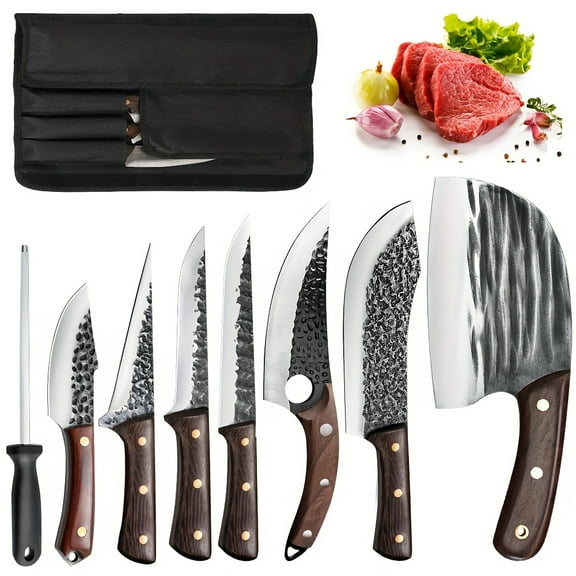 8PCS Professional Forged Stainless Steel Kitchen Knife Set - Ultra Sharp Chef/Butcher/Cleaver/Slicer/Boning/Utility Knives, Ergonomic Wood Handle for Home/Restaurant Vegetable/Meat/Fruit Prep