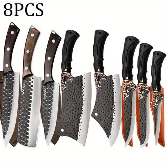 8PCS Professional Kitchen Chef Knife Set Handmade Forged Stainless Steel Vegetable Utility Boning Fish Cutting Meat Cleaver Kitchen Cutting Butcher Knife for Comfortable Cooking and Food Preparation