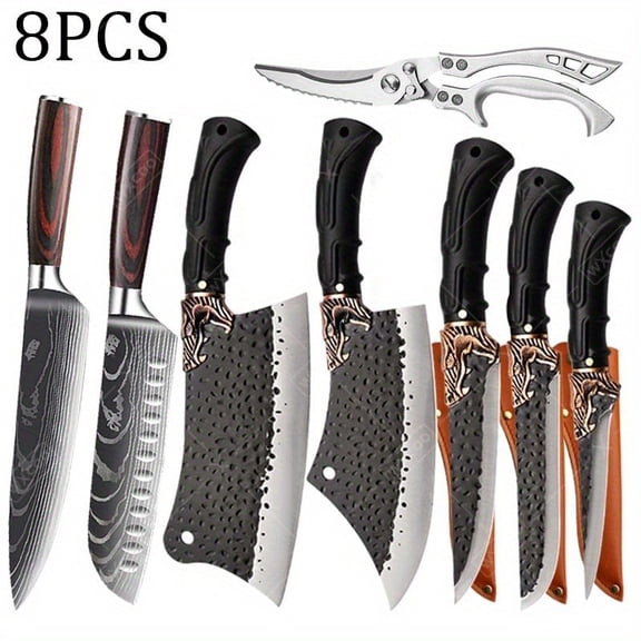 8PCS Professional Kitchen Chef Knife Set featuring Stainless Steel Handmade Forged Utility Knife with Boning Vegetable Fish and Butcher Knives for Cooking and Food Preparation in Kitchen