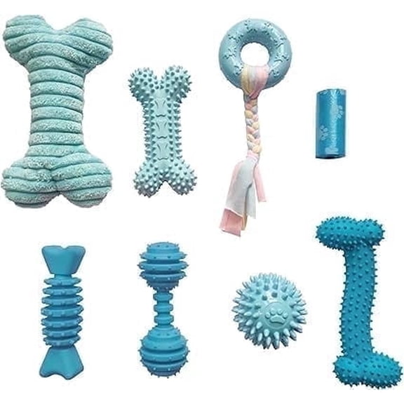 PetLike Interactive 8PCS Teething & Chew Dog Toy Set with Ball & Cotton Ropes for Small Puppies & Medium Dogs (Blue)