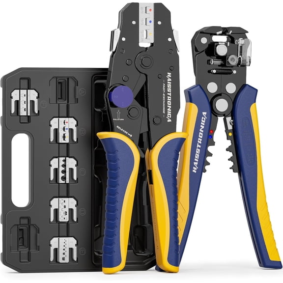 8PCS Rapid Replace Ratchet Crimping Tool Set with Pressure Regulating, Automatic Wire Stripper Heat Shrink, Non-Insulated, Open Barrel, Solar, Ferrule Connectors